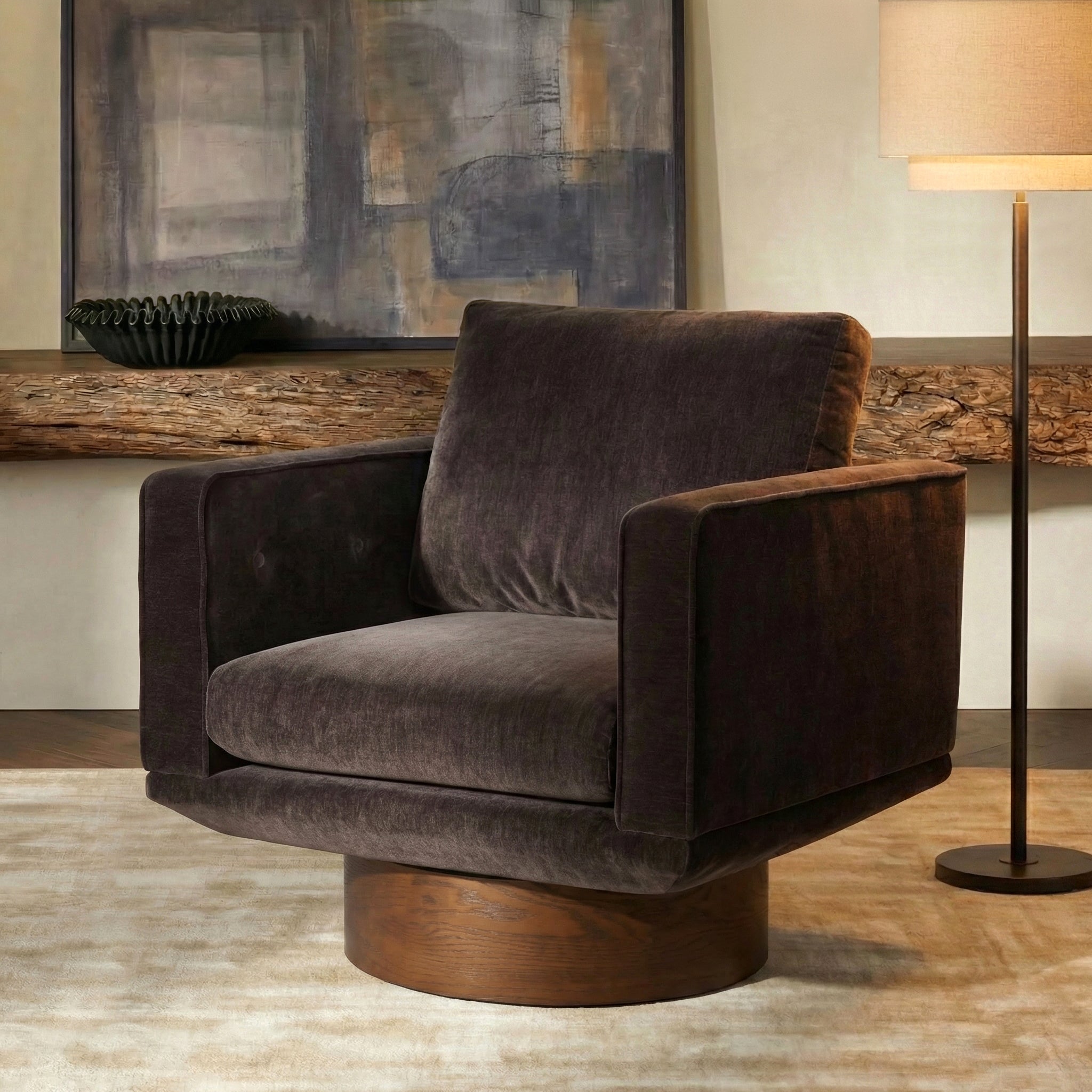 Modern Ganache Brown Swivel Lounge Chair with Tufted Back
