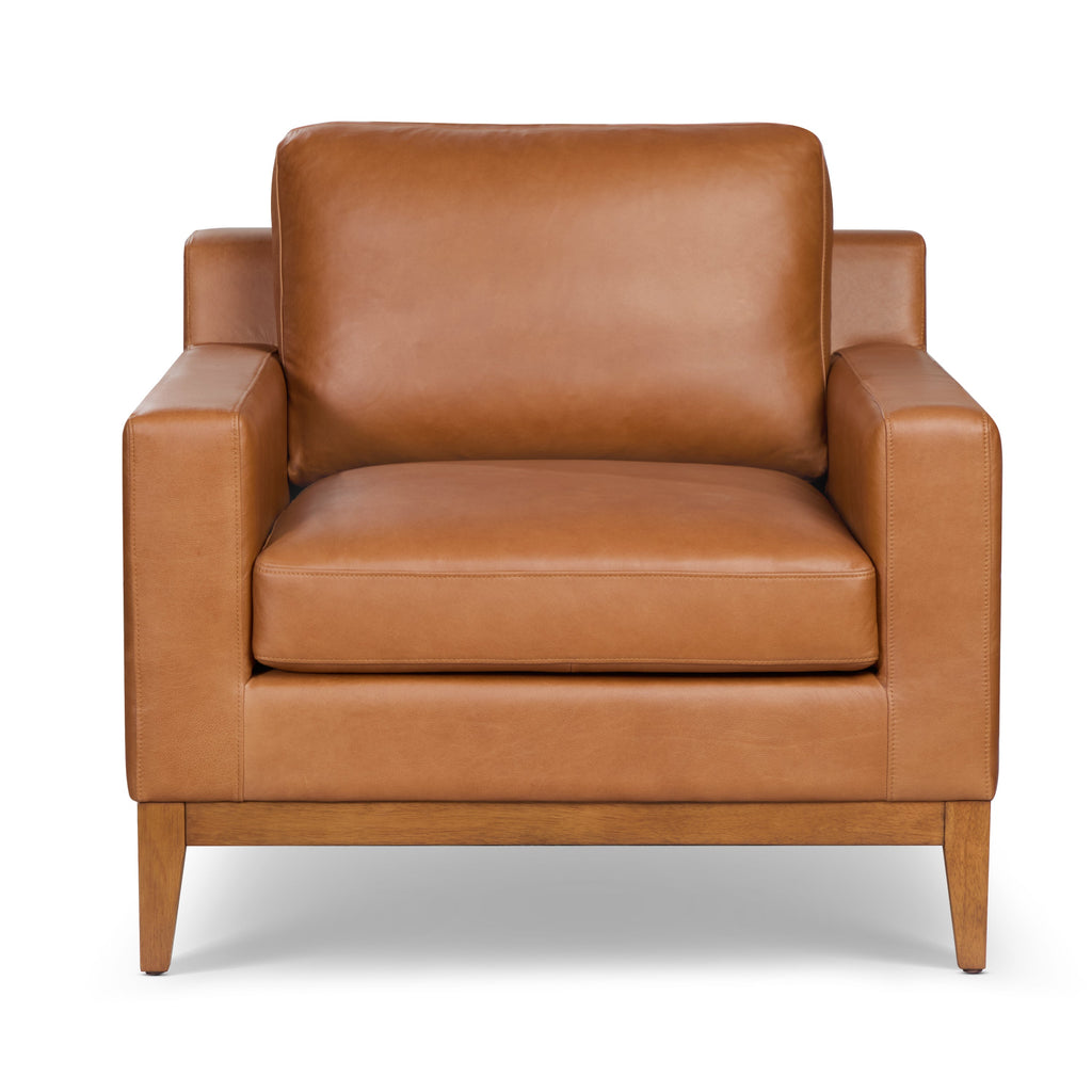 Modern Saddle Tan Leather Lounge Chair with Kiln-Dried Wood Frame